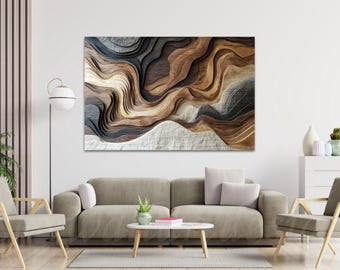 Abstrakte Holzmaserung Leinwandkunst, neutrale Landschaftsmalerei, organische Wellen