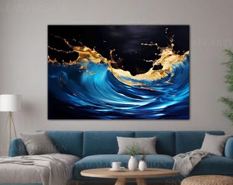 大きな抽象的な海の波の絵画：青と金のテクスチャアート - Etsy 日本