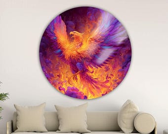 Phoenix Tempered Glass Wall Art, Birds Of Fantasy, Round Wall Decor
