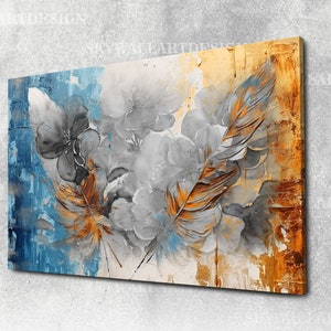 Feder Kunstwerk, Abstrakte Kunst, Blaue Grau Feder Malerei, Abstrakte Wanddekoration, Feder Leinwand, Malerei auf Leinwand, Abstrakte Blumen Wandkunst, Wandbehang