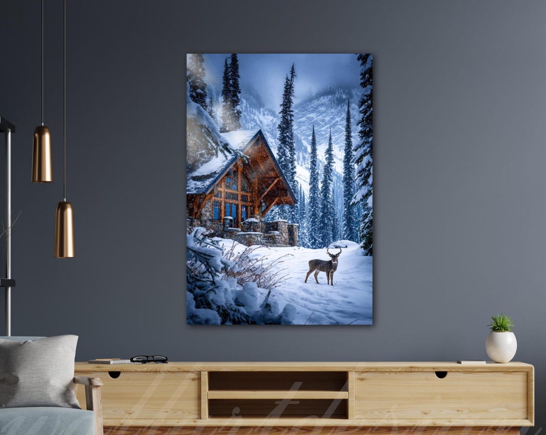 Winter Cabin and Deer Tempered Glass Wall Art: Snowy Mountain Scene ...