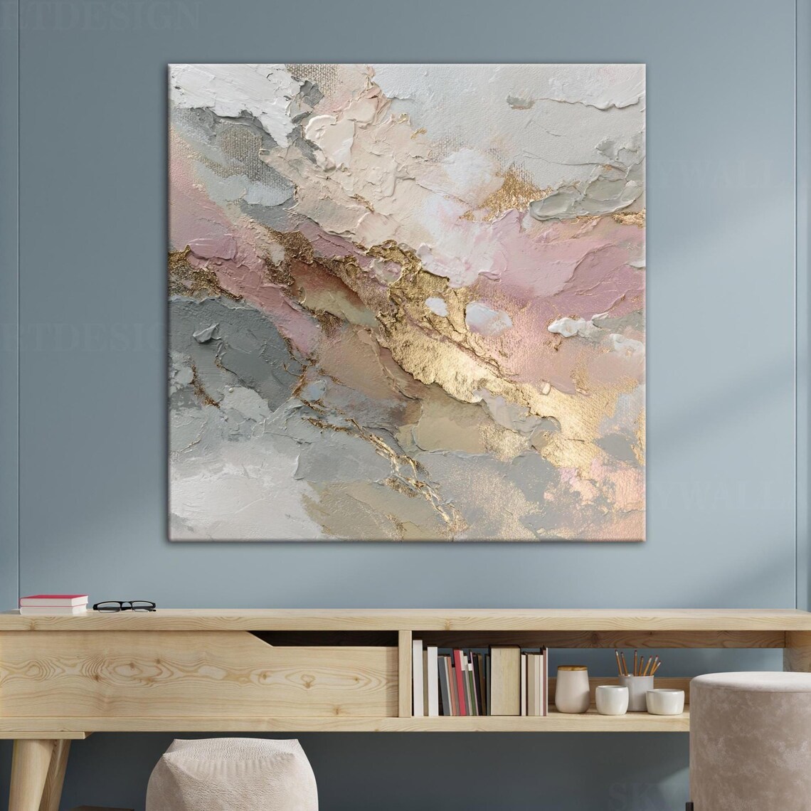 Textured Pink Gold Abstract Canvas Painting, Elegant Modern Wall Decor ...