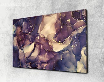 Purple Marble Canvas Art: Gold Accent Abstract Painting
