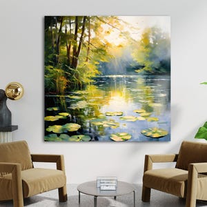 Sunlit Forest Lake Canvas Art, Nature Landscape Wall Decor, Water Lily Pond Painting, Tranquil Morning Scene, Serene Nature Canvas Print