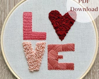 LOVE Hand Embroidery Pattern PDF | Modern Valentine Embroidery | Beginner Floral Letter Design | Hoop Wall Art | Christian Decor