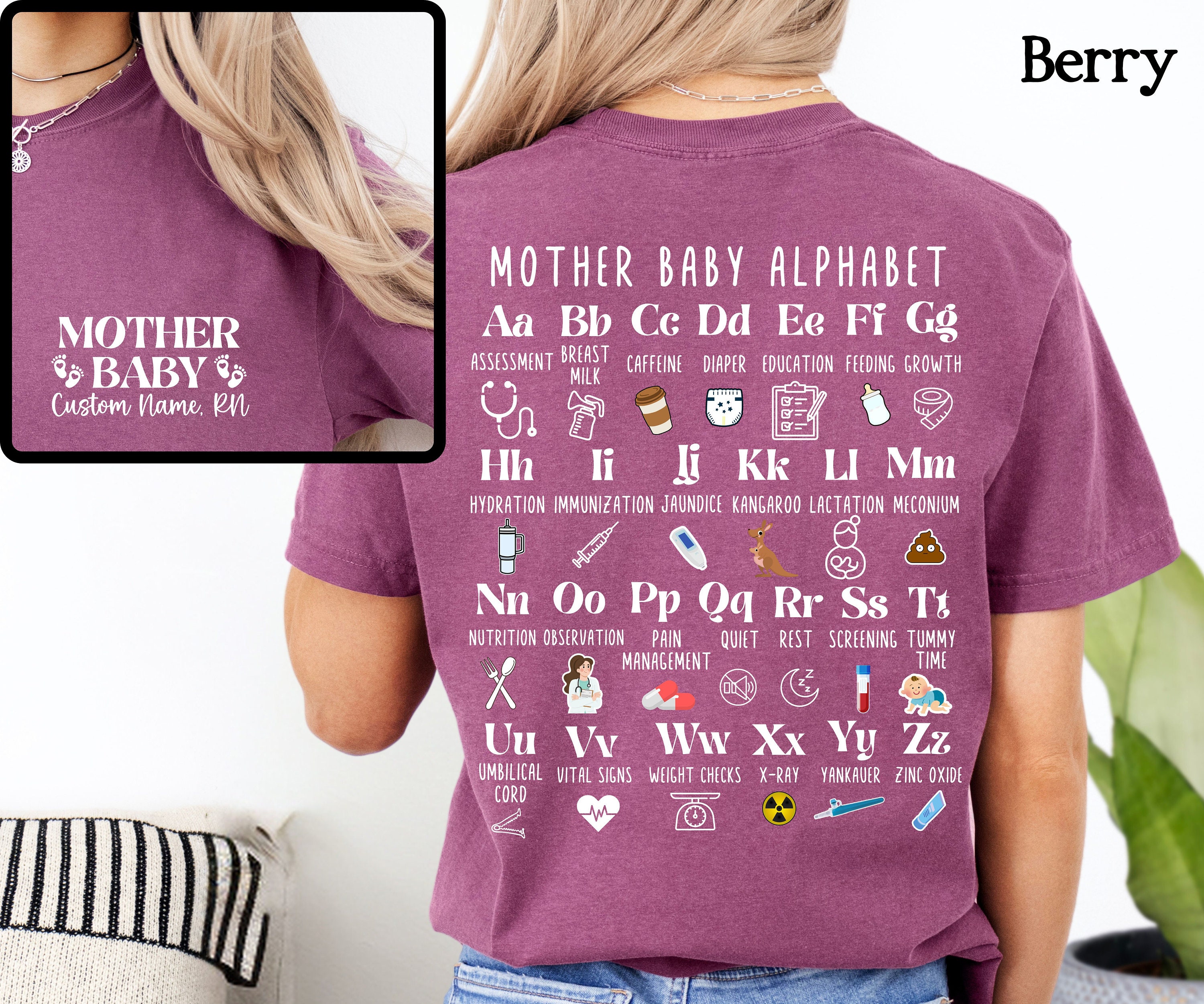 Custom Mother Baby Nurse Alphabet shirt Gift for Motherbaby RN Mother-baby Comfort Color crewneck Group Match tee Mother-babynurse tshirt