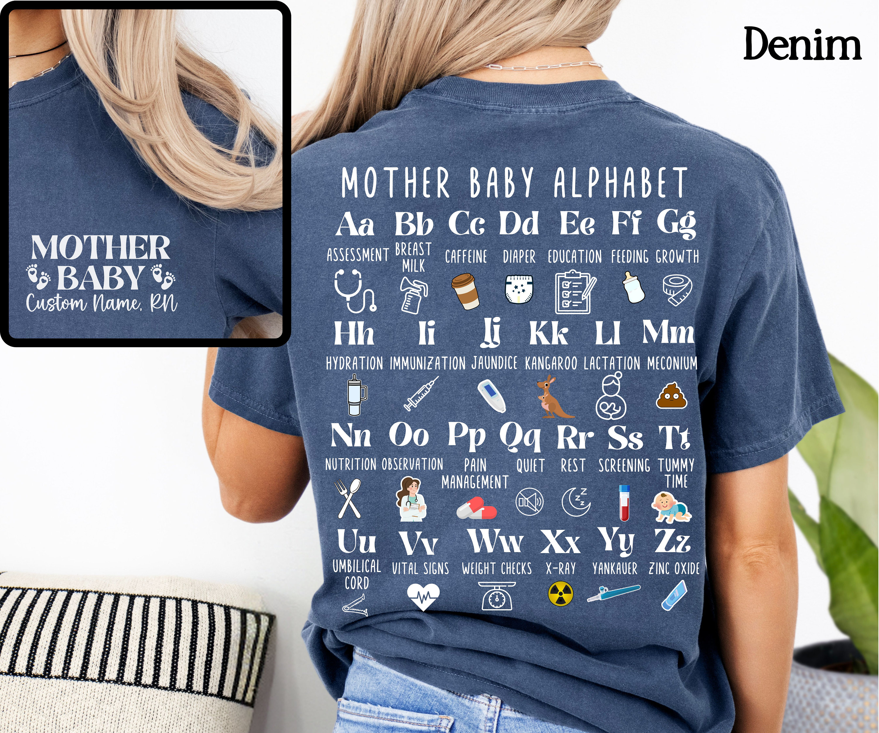 Custom Mother Baby Nurse Alphabet shirt Gift for Motherbaby RN Mother-baby Comfort Color crewneck Group Match tee Mother-babynurse tshirt