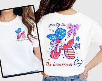 May include: White t-shirt with a patriotic balloon animal design in red, white, and blue. The front says "Pediatric Team" and the back says "party in the breakroom". The design includes stars and bows. The t-shirt is a casual wear item.