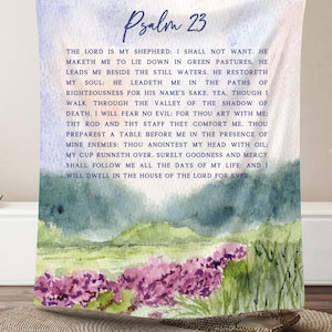 May include: A watercolor painting of a green meadow with purple flowers and a blue sky. The painting includes the text "Psalm 23" and a verse from the Bible.