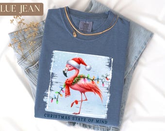 Christmas State of Mind Shirt, Flamingo Tropical Holiday Tee, Santa Beach Life t-Shirt, Christmas Vacation Gift, Xmas Unisex Festive Top