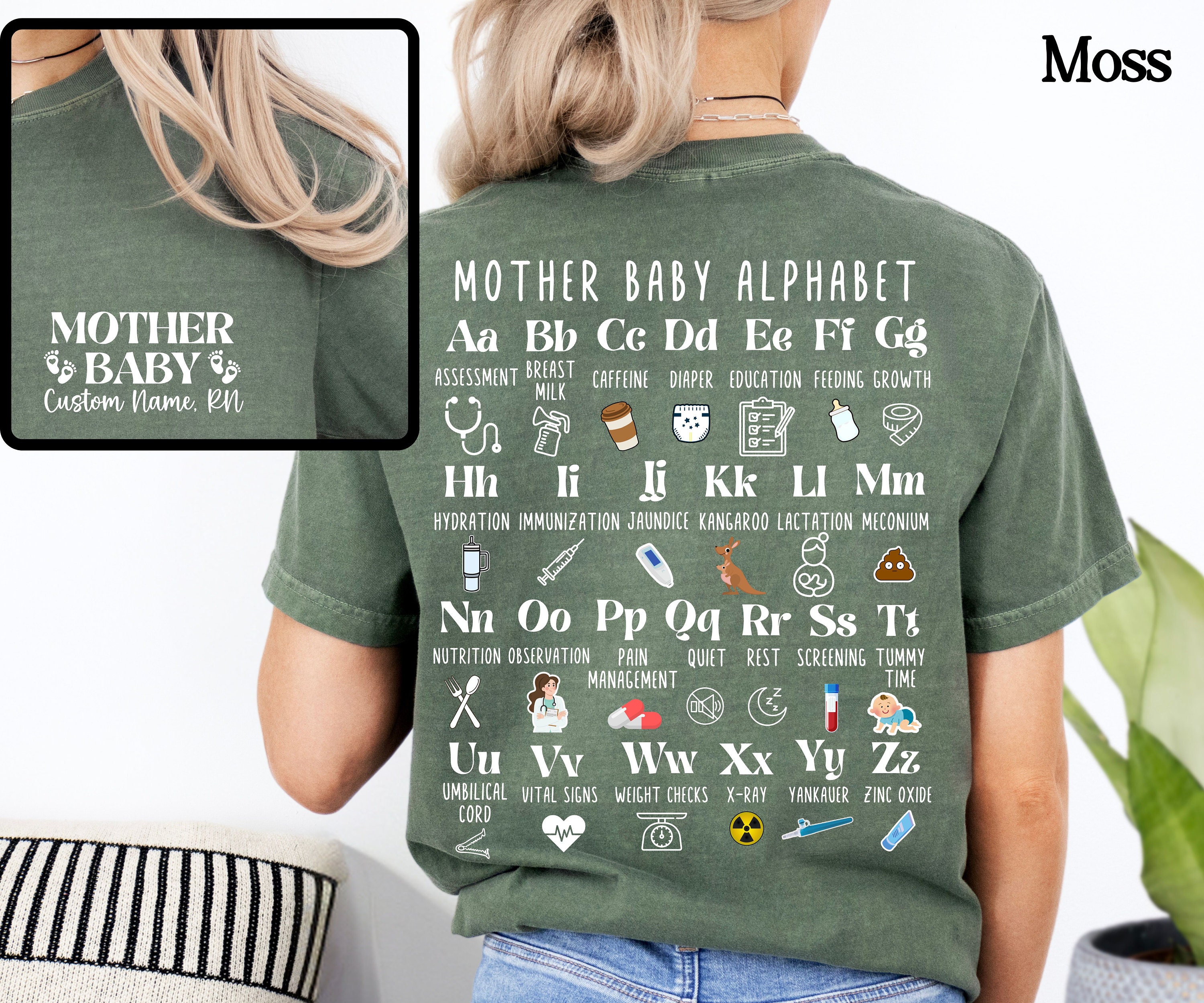 Custom Mother Baby Nurse Alphabet shirt Gift for Motherbaby RN Mother-baby Comfort Color crewneck Group Match tee Mother-babynurse tshirt
