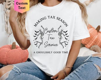 Personalized Halloween tax season t-shirt, Fall accountant shirt for spooky season, skeleton and bats business group tee