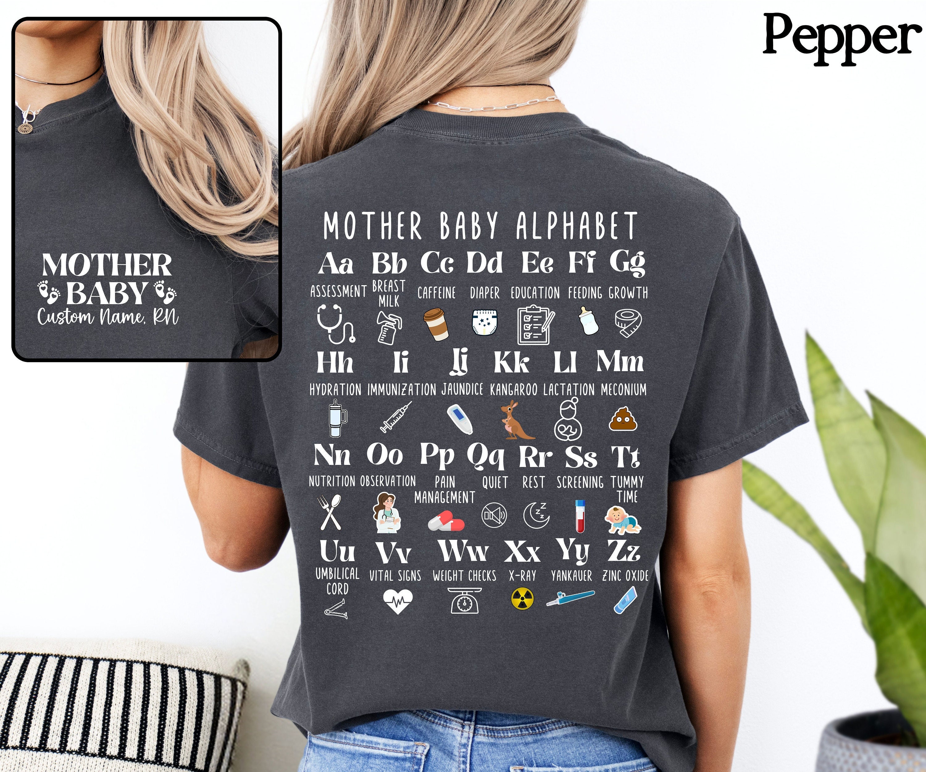 Custom Mother Baby Nurse Alphabet shirt Gift for Motherbaby RN Mother-baby Comfort Color crewneck Group Match tee Mother-babynurse tshirt