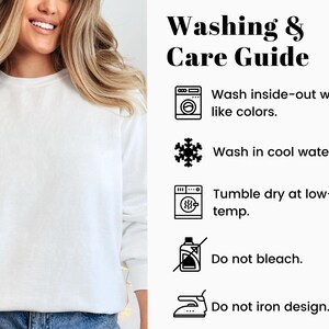 May include: Washing and care instructions for a garment. The instructions include washing inside-out with like colours, washing in cool water, tumble drying at a low temperature, not bleaching, and not ironing the design.