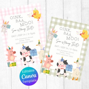 Pode incluir: Dois convites imprimíveis para o segundo aniversário de uma criança. Os convites apresentam um padrão xadrez rosa e verde com animais de fazenda e o texto "OINK, BAA, MOO! Sam está fazendo DOIS!" Os convites também incluem a data, a hora, o endereço e as informações de RSVP.