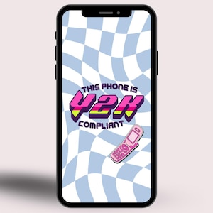 Y2K-COMPLIANTE TELEFOON Achtergrond | Blauw-wit geblokt vergrendelscherm | Grappige flip-telefoon retro digitale download | Girly Tech Aesthetic
