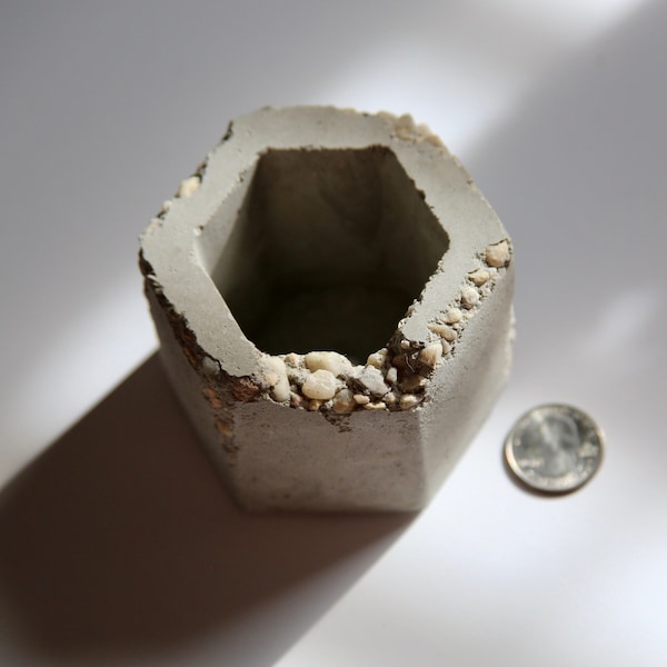 Concrete Hexagon Gray Plant Pot with Visible Aggregate Home Decor, Gift, Minimalist, Modern, with Drainage Hole