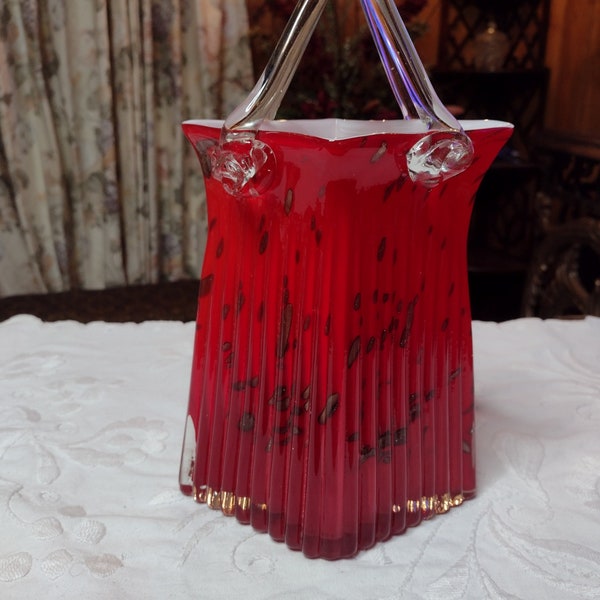 Red and Gold Art Glass Purse Vase