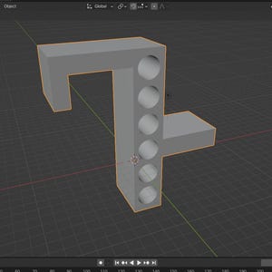 May include: A 3D model of a grey plastic object with a hook shape and six holes. The object is designed to be used as a wall mount for a shelf or other object.