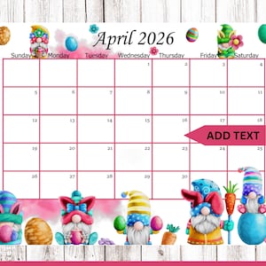 Editable April 2026 Calendar, Easter Gnomes Planner, School/Office/Work/Home schedule, Printable Monthly calendar, Instant Download