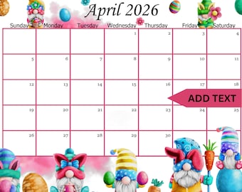 Editable April 2026 Calendar, Easter Gnomes Planner, School/Office/Work/Home schedule, Printable Monthly calendar, Instant Download