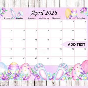 Editable April 2026 Calendar, Easter Planner, School/Office/Work/Home schedule, Printable Monthly calendar, Instant Download