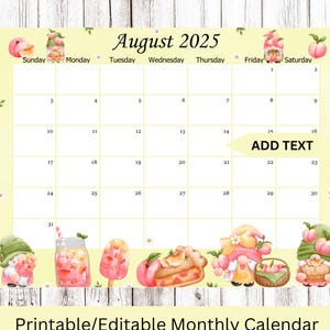 BEWERKBARE kalender augustus 2025, Peach Gnomes planner, maandelijks schoolrooster voor kinderen, afdrukbare planner voor thuis, werk en kantoor, Instant download