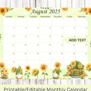 EDITABLE August 2025 Calendar, Sunflower gnome Planner, Monthly Kids School Schedule, Printable home, work & office planner,Instant download