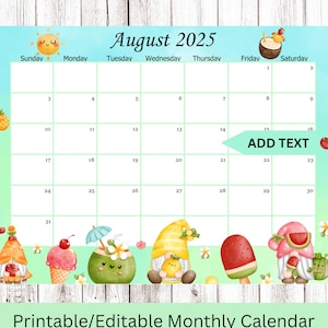 EDITABLE August 2025 Calendar, Cute Summer Gnomes Planner, Kids School Schedule, Printable Editable Calendar Planner, Instant download