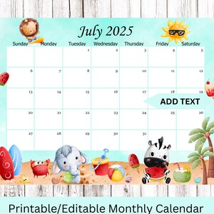 EDITABLE July 2025 Calendar, Summer Planner with animals, Monthly Kids School Schedule, Printable Editable Calendar Planner Instant download