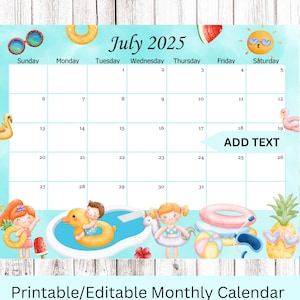 EDITABLE July 2025 Calendar, Summer Planner at the pool, Monthly Kids School Schedule, Printable Editable Calendar Planner, Instant download