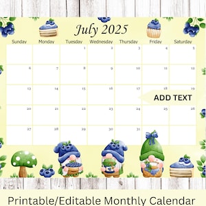 EDITABLE July 2025 Calendar, Cute berry gnomes calendar, Kids school Schedule, Printable Editable Calendar Planner, Instant download