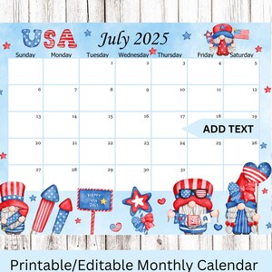 EDITABLE July 2025 Calendar, 4th of July Independence day Planner, Classroom Schedule, Printable Editable Calendar Planner, Instant download