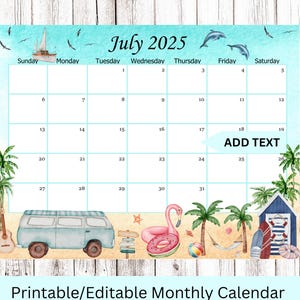 EDITABLE July 2025 Calendar, Summer Beach Planner, Monthly Kids School Schedule, Printable home, work & office planner, Instant download