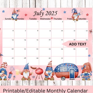 EDITABLE July 2025 Calendar, 4th of July Planner, Monthly Kids School Schedule, Printable home, work & office planner, Instant download