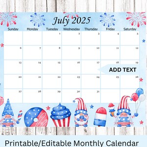EDITABLE July 2025 Calendar, 4th of July Planner, Monthly Kids School Schedule, Printable home, work & office planner, Instant download
