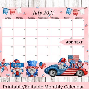 EDITABLE July 2025 Calendar, 4th of July Planner, Monthly Kids School Schedule, Printable home, work & office planner, Instant download