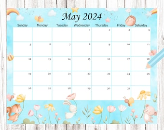MODIFIABLE calendrier de mai 2024, mignon agenda de printemps, calendrier scolaire pour enfants, agenda de calendrier modifiable imprimable, téléchargement immédiat