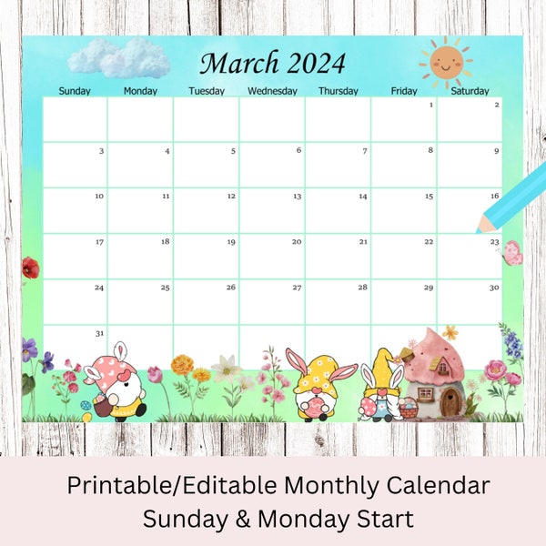 EDITABLE March 2024 Calendar, Easter day Planner, cute gnomes, Kids School Schedule, Printable Editable Classroom Calendar, Instant download