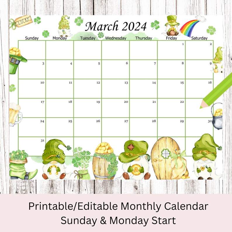 EDITABLE March 2025 Calendar, St. Patrick's Day Gnome Planner, Kids