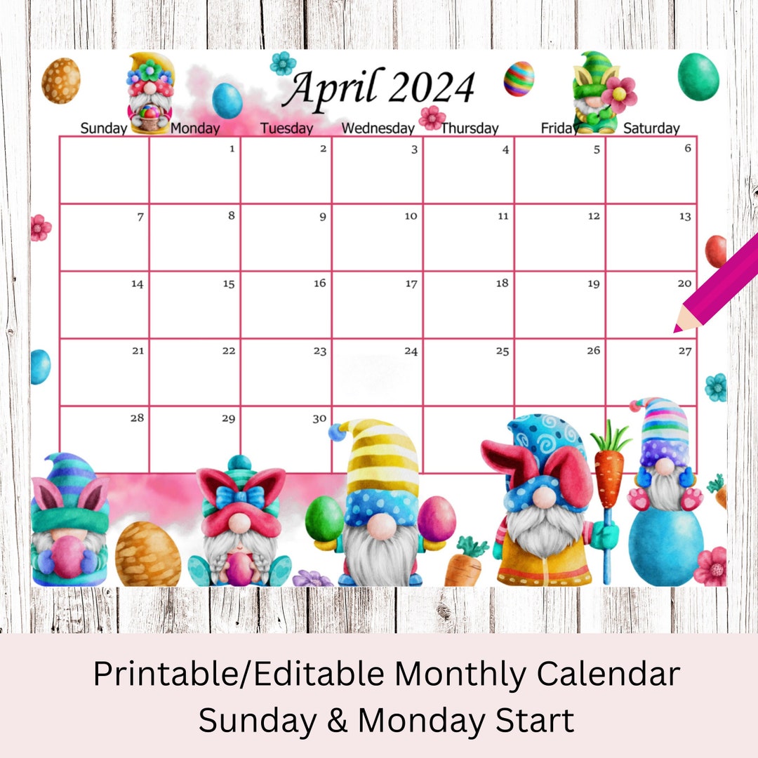 EDITABLE April 2024 Calendar, Easter Day Gnomes Planner, Kids School ...
