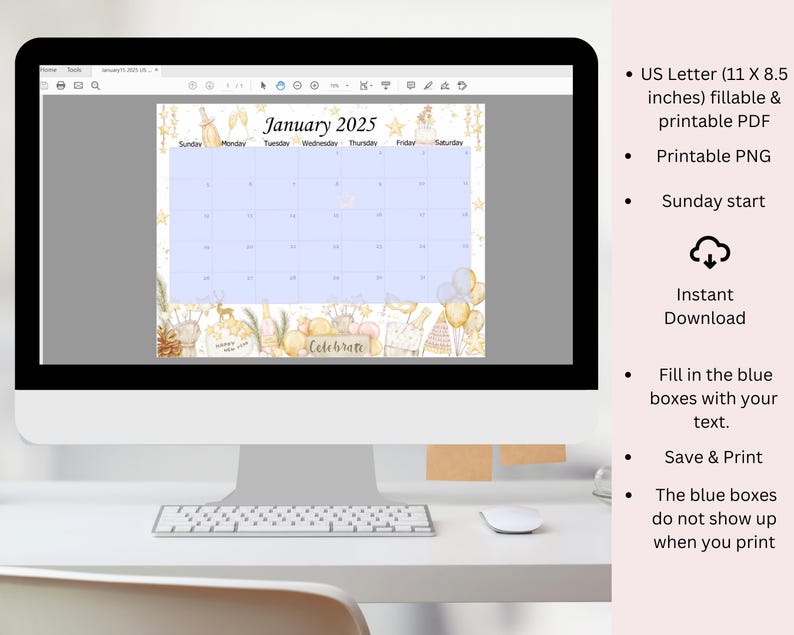 EDITABLE January 2025 Calendar, New Year Planner, Printable Monthly