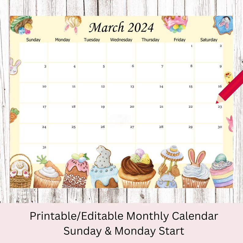 EDITABLE March 2024 Calendar, Easter Day Planner With Sweets, Kids