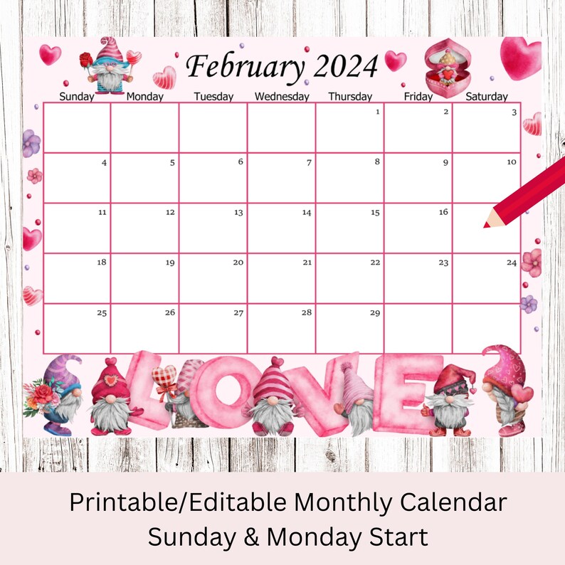 EDITABLE February 2024 Calendar, Valentine Planner With Gnomes