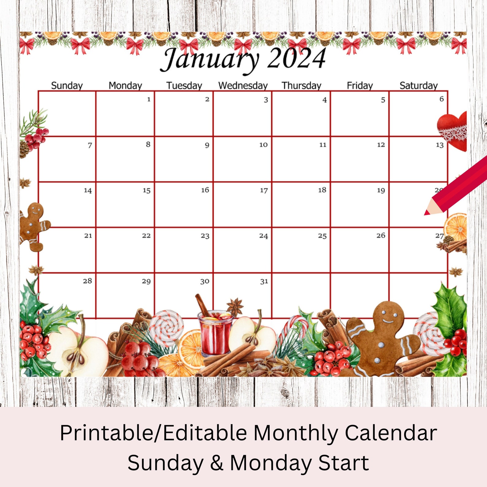 EDITABLE January 2024 Calendar New Year Planner Printable Etsy Canada