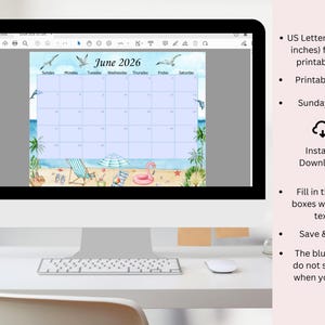 May include: A computer monitor displays a digital calendar for June 2026. The calendar features a beach theme with illustrations of seagulls, palm trees, and beach accessories. The calendar is US Letter size, 11 x 8.5 inches, and is fillable and printable.