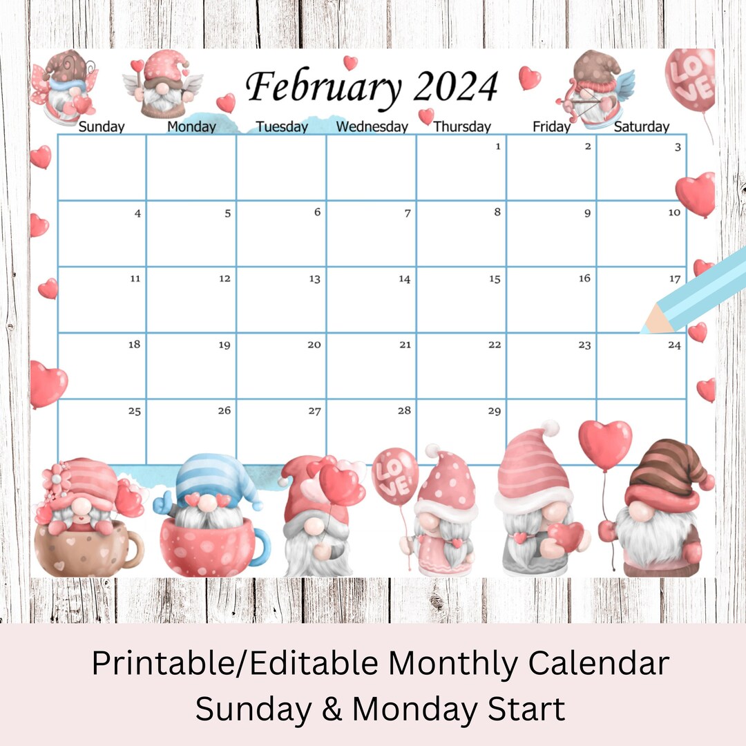 EDITABLE February 2024 Calendar, Valentine Planner With Gnomes, Kids School  Schedule, Printable Editable Calendar Planner, Instant Download - Etsy