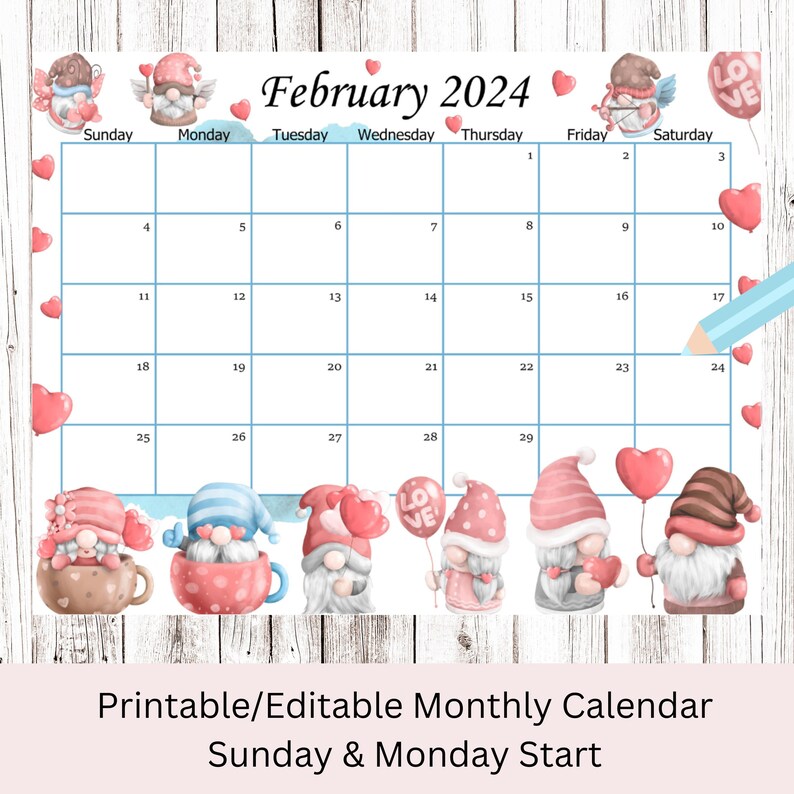 EDITABLE February 2024 Calendar, Valentine Planner With Gnomes, Kids