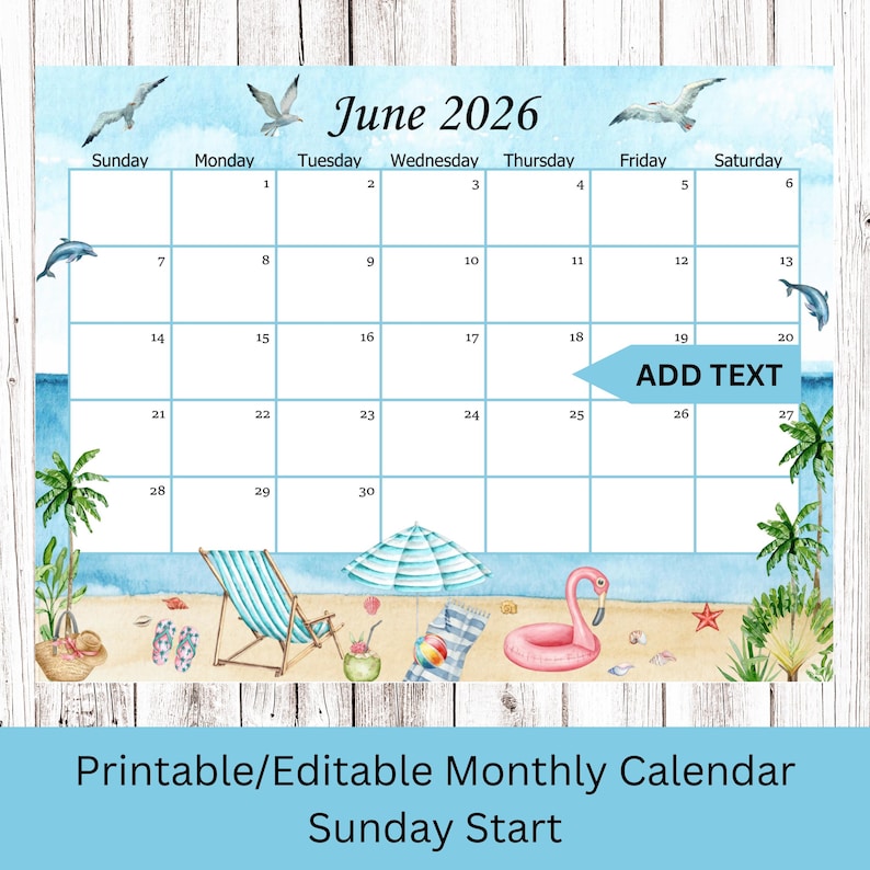 Editable/Fillable June 2026 Calendar, Printable Summer Beach planner for classroom/office/work/home.