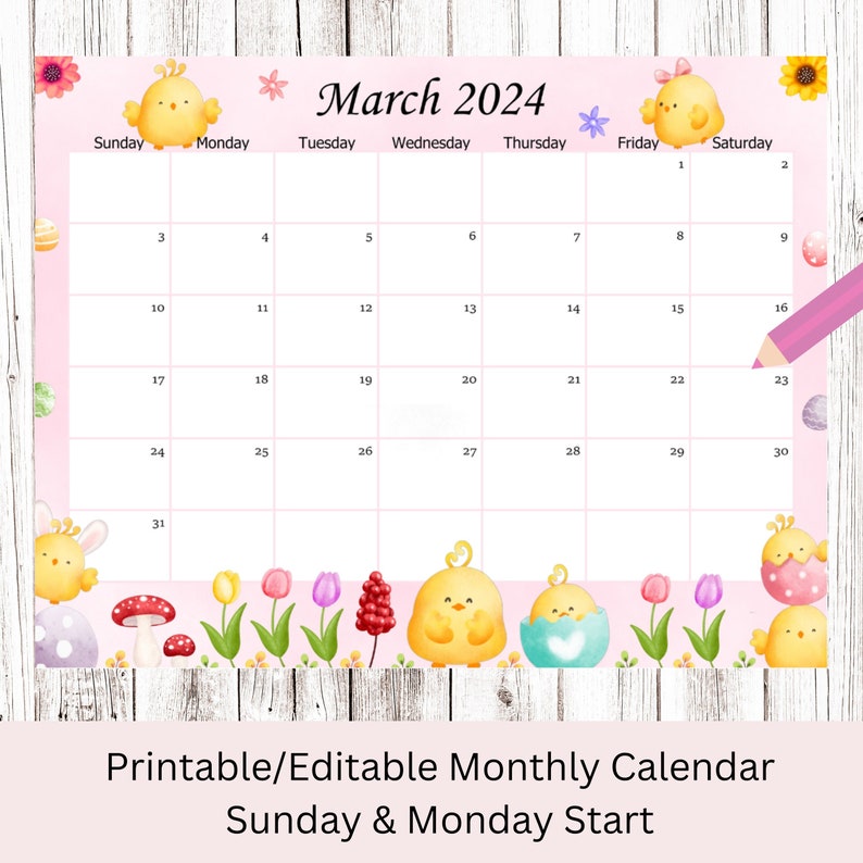 EDITABLE March 2024 Calendar, Cute Easter Day Planner, Monthly Kids